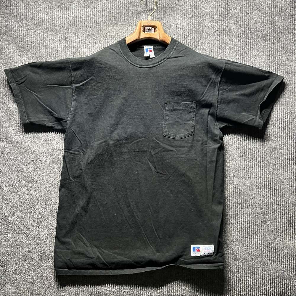 Russell Athletic Blank T Shirt Mens 2XL Black Pocket Tee Made in USA Y2K